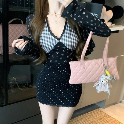 Plaid Panel Crop Cami Top / Floral Print Cardigan / Mini Dress