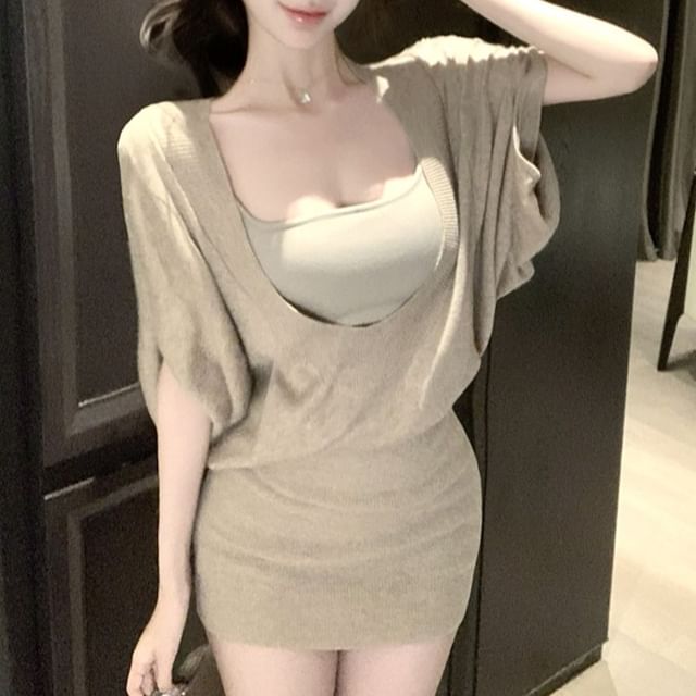 Plain Camisole Top / Elbow-Sleeve Mini Sheath Dress