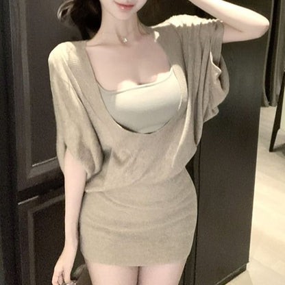 Plain Camisole Top / Elbow-Sleeve Mini Sheath Dress
