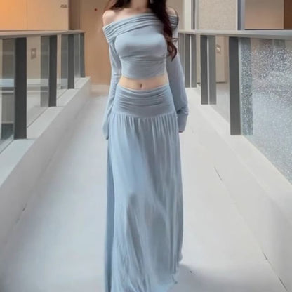 Off-Shoulder Crop Top & Gathered Maxi A-Line Skirt Set