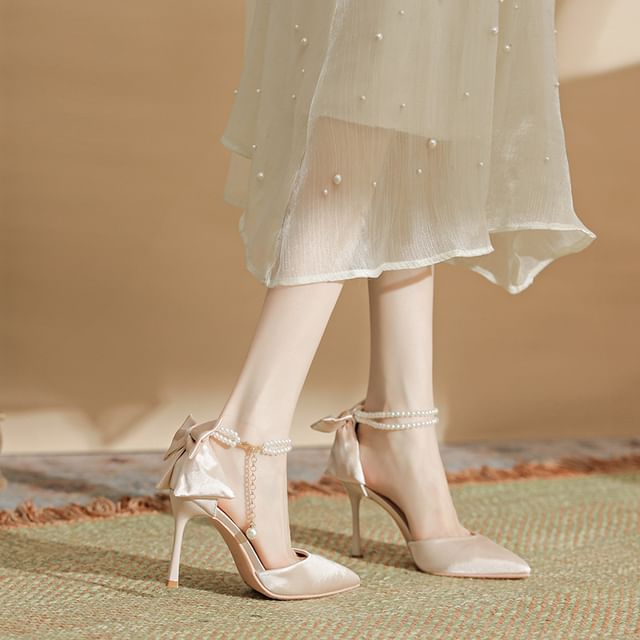 Strap Sandals Faux Stiletto Pearl Heel Bow