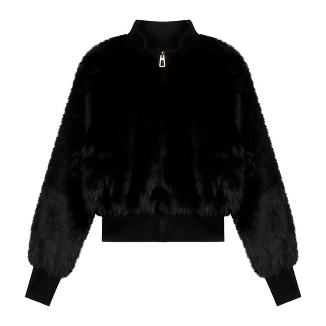 Plain Faux Fur Zip Jacket / High Rise Buckled Flared Jeans