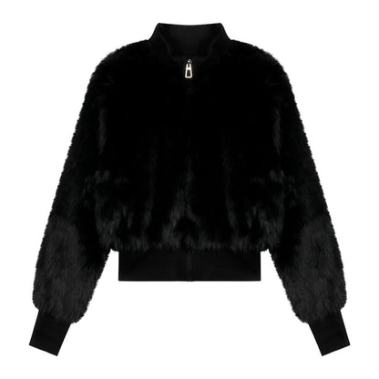 Plain Faux Fur Zip Jacket / High Rise Buckled Flared Jeans