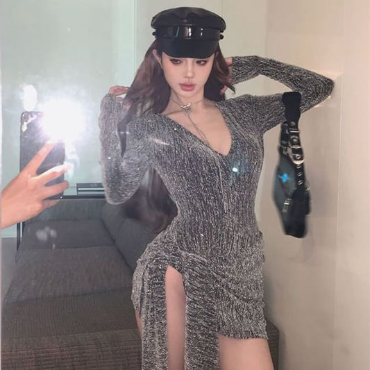 V-Neck Glitter Bodysuit & Wrap Pencil Mini Skirt Set
