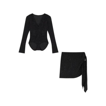 V-Neck Glitter Bodysuit & Wrap Pencil Mini Skirt Set