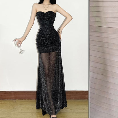 Strapless Glitter Sheath Maxi Dress
