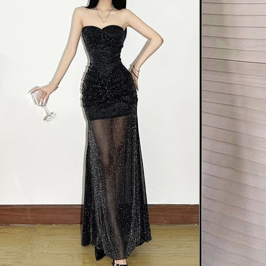 Strapless Glitter Sheath Maxi Dress