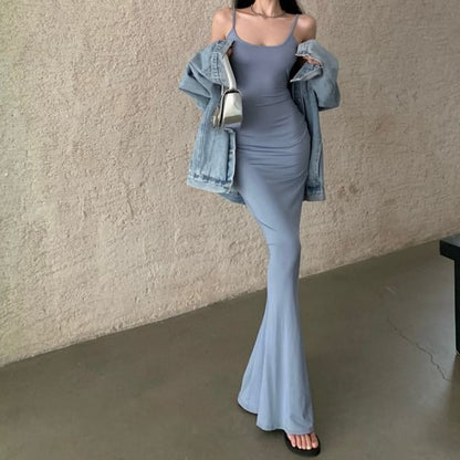 Spaghetti Strap Scoop Neck Plain Mermaid Maxi Dress