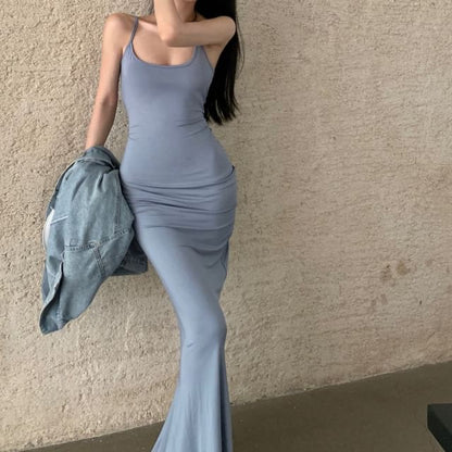 Spaghetti Strap Scoop Neck Plain Mermaid Maxi Dress