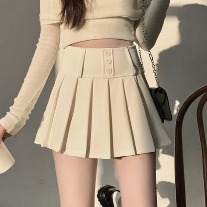 Solid Pleated High-Waisted Mini Flared Skirt