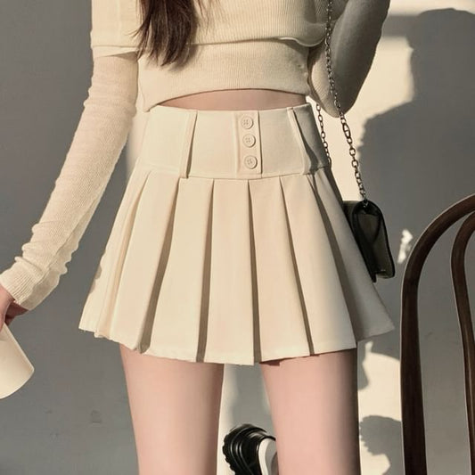 Solid Pleated High-Waisted Mini Flared Skirt