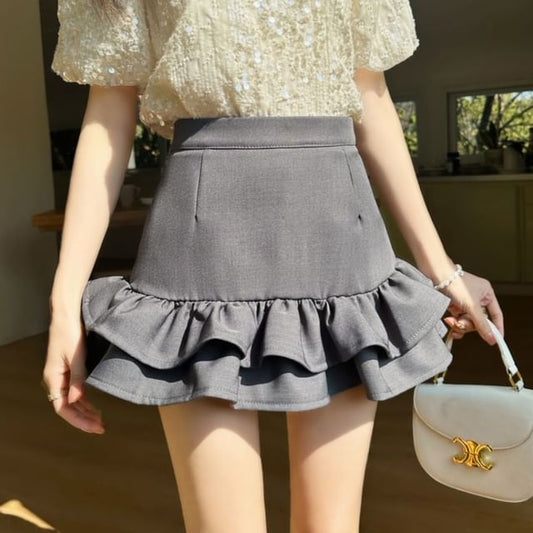 Ruffled Hem High-Waisted Mini Flared Skirt