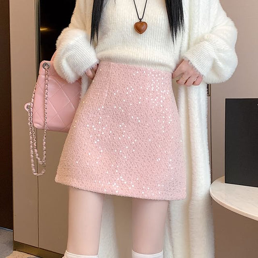 Sequin Embellished High-Waisted Mini Flared Skirt