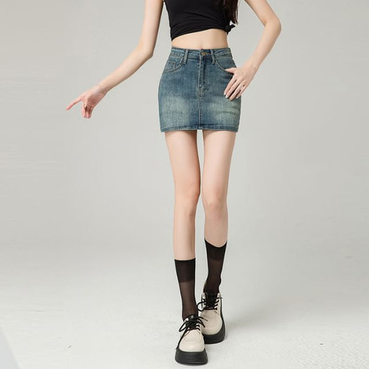 Washed Denim High-Rise Pencil Mini Skirt