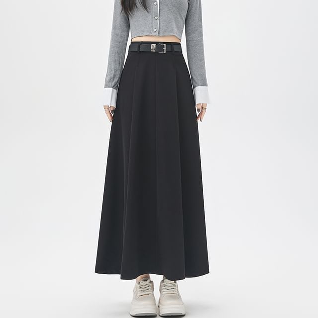 Pleated High-Rise Maxi A-Line Skirt in Solid Tone
