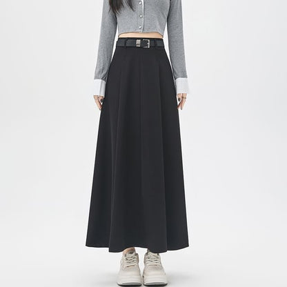 Pleated High-Rise Maxi A-Line Skirt in Solid Tone