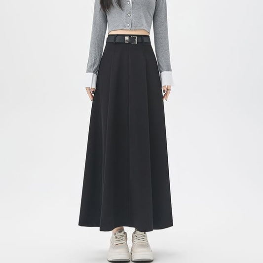 Pleated High-Rise Maxi A-Line Skirt in Solid Tone
