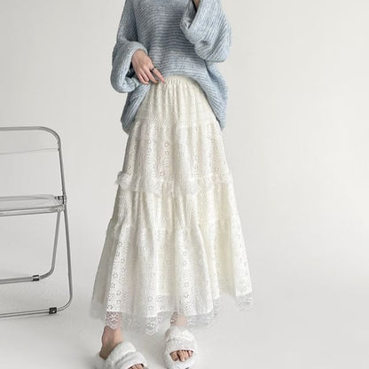 High Waist Plain Lace Panel Midi A-Line Skirt