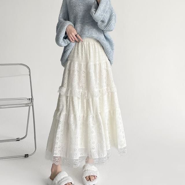 Lace Insert High-Waisted Midi Flared Skirt