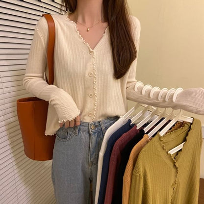 V-Neck Plain Ribbed Knit Cropped Cardigan