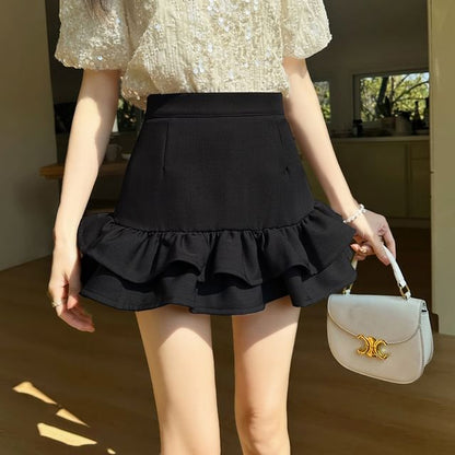 Ruffled Hem High-Waisted Mini Flared Skirt