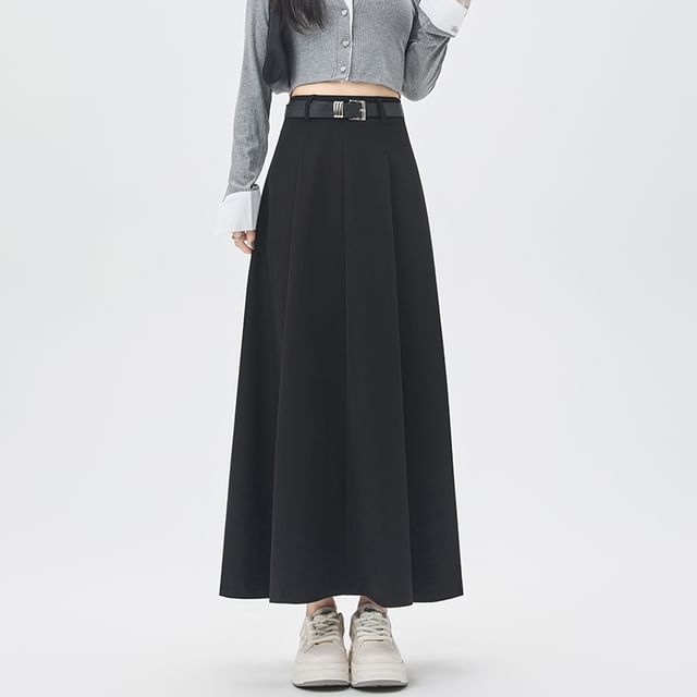 Pleated High-Rise Maxi A-Line Skirt in Solid Tone
