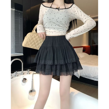 Lace-Trimmed High-Waisted Tiered Mini Skirt
