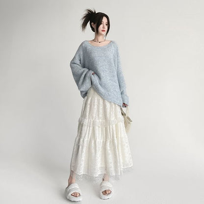 Lace Insert High-Waisted Midi Flared Skirt