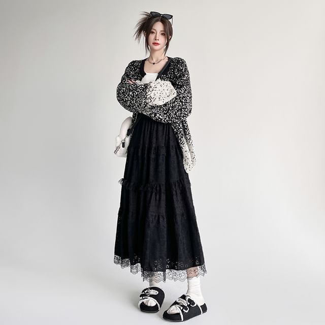 Lace Insert High-Waisted Midi Flared Skirt