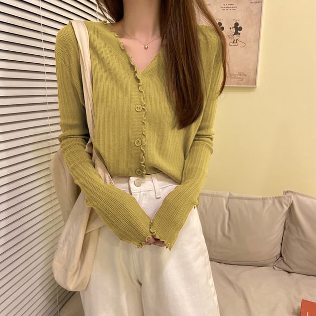 V-Neck Plain Ribbed Knit Cropped Cardigan