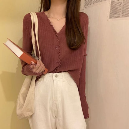 V-Neck Plain Ribbed Knit Cropped Cardigan