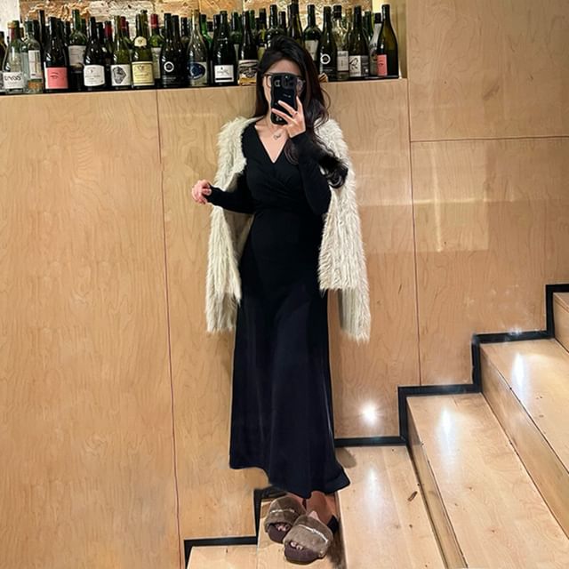 Long Sleeve V Neck Wrap A-Line Maxi Dress
