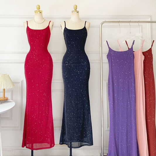Spaghetti Strap Glitter Plain Mermaid Maxi Dress