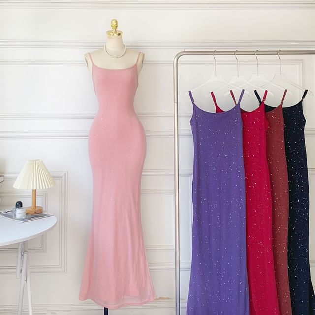 Spaghetti Strap Glitter Plain Mermaid Maxi Dress