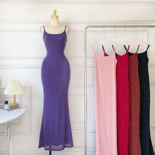 Spaghetti Strap Glitter Plain Mermaid Maxi Dress