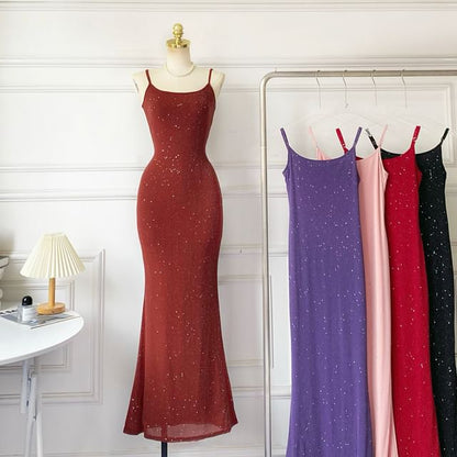 Spaghetti Strap Glitter Plain Mermaid Maxi Dress