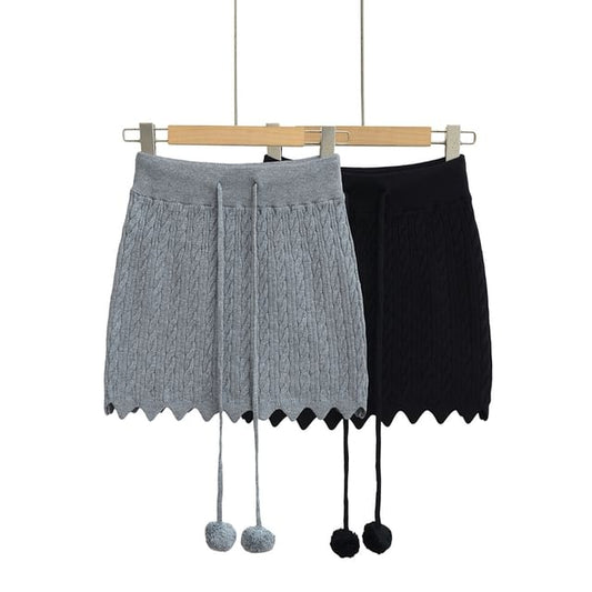 Cozy Cable Knit Pencil Skirt with Pom Pom Drawstring