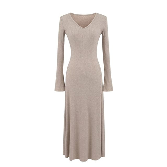 Long Sleeve V Neck Ribbed A-Line Maxi Dress