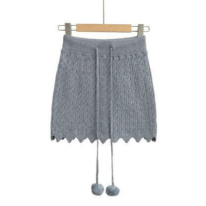 Cozy Cable Knit Pencil Skirt with Pom Pom Drawstring
