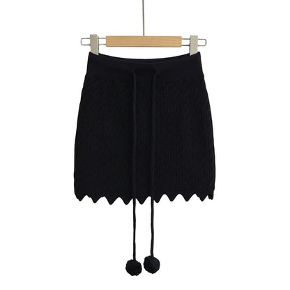 Cozy Cable Knit Pencil Skirt with Pom Pom Drawstring