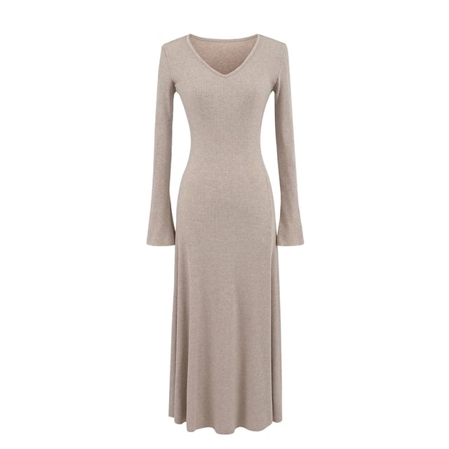 Long Sleeve V Neck Ribbed A-Line Maxi Dress