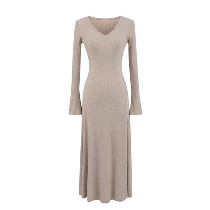 Long Sleeve V Neck Ribbed A-Line Maxi Dress