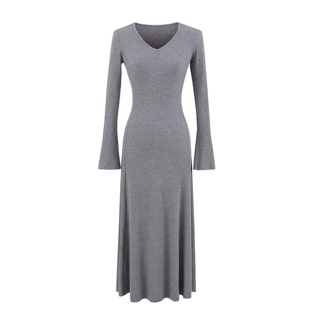 Long Sleeve V Neck Ribbed A-Line Maxi Dress