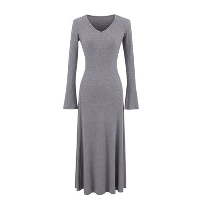 Long Sleeve V Neck Ribbed A-Line Maxi Dress