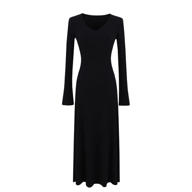 Long Sleeve V Neck Ribbed A-Line Maxi Dress