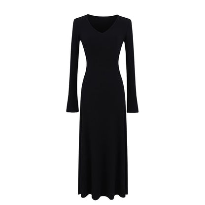 Long Sleeve V Neck Ribbed A-Line Maxi Dress