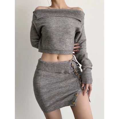 Off-Shoulder Crop Top & Slit Knit Pencil Mini Skirt Set