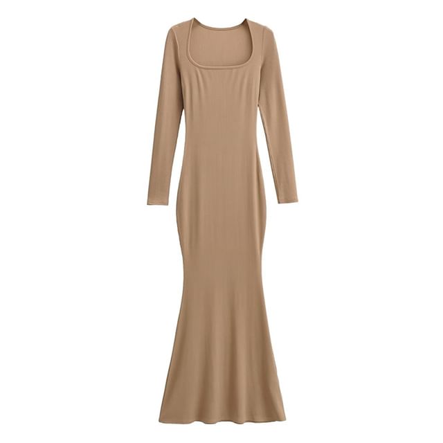 Long Sleeve Scoop Neck Plain Sheath Maxi Dress