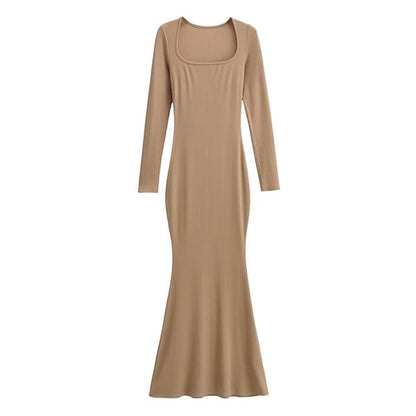 Long Sleeve Scoop Neck Plain Sheath Maxi Dress