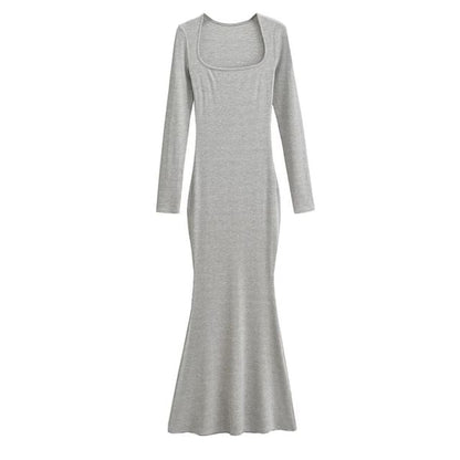Long Sleeve Scoop Neck Plain Sheath Maxi Dress